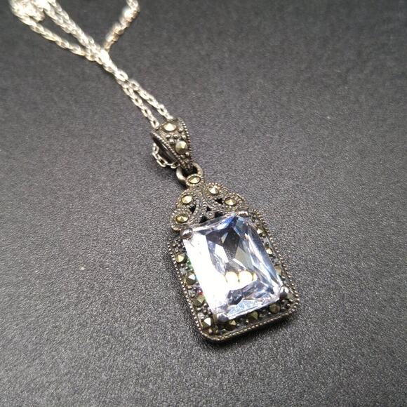 Vintage Sterling Marcasite Clear Crystal Pendant Necklace, Stamped 925 ATI, 17" - Picture 8 of 9